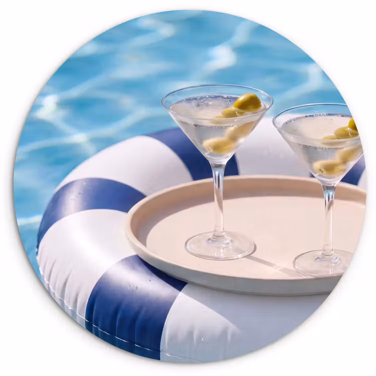 Cocktail - Zwembad - Zomer - Blauw Wandcirkel kunststof plaat 5mm dik klein -3d