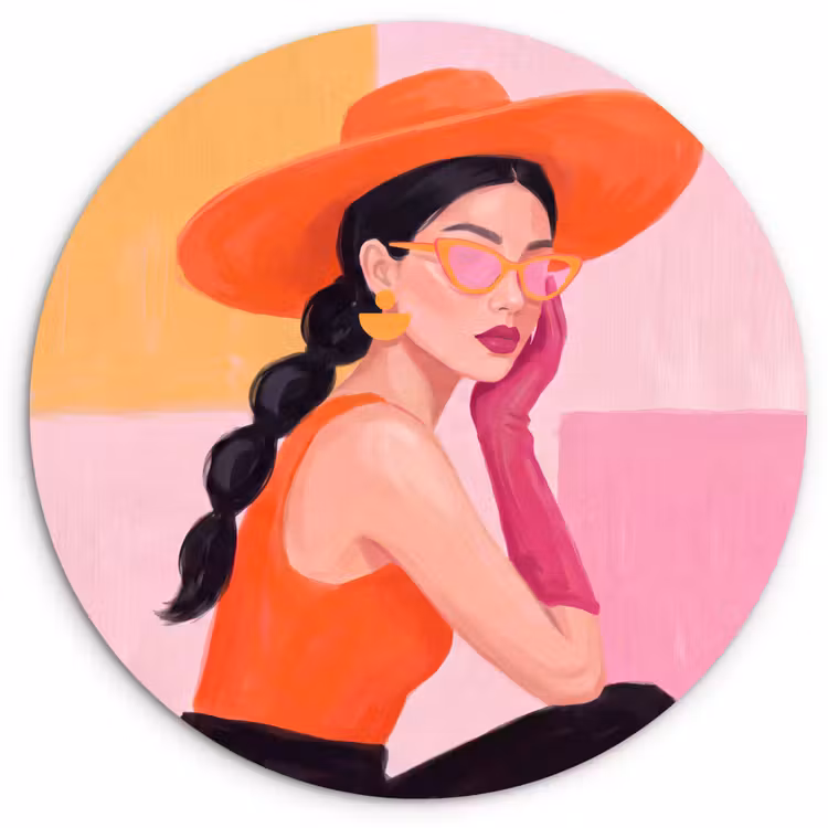Vrouw - Hoed - Mode - Modern - Oranje Wandcirkel kunststof plaat 5mm dik klein -3d