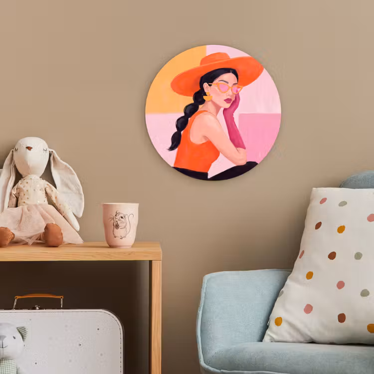 Vrouw - Hoed - Mode - Modern - Oranje Wandcirkel kunststof plaat 5mm dik klein -tsfeer1_kind
