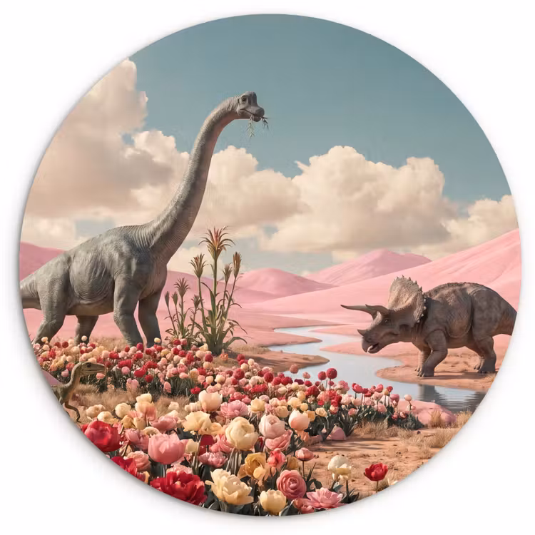 Forexbild Rund - Dinosaurier – Rosa – Landschaft - Dinosaurus - Roze - Landschap Wandcirkel kunststof plaat 5mm dik klein