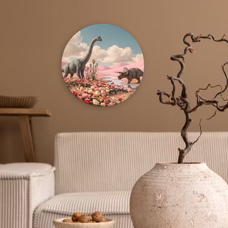 Forexbild Rund - Dinosaurier – Rosa – Landschaft - Dinosaurus - Roze - Landschap Wandcirkel kunststof plaat 5mm dik klein