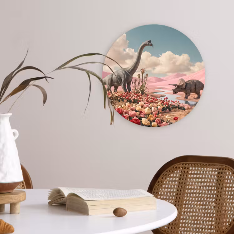 Forexbild Rund - Dinosaurier – Rosa – Landschaft - Dinosaurus - Roze - Landschap Wandcirkel kunststof plaat 5mm dik klein