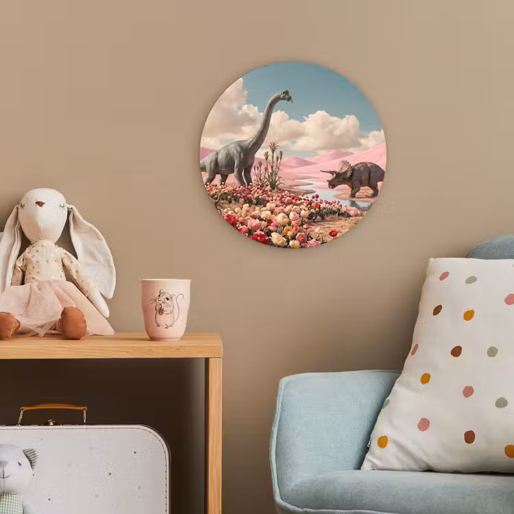 Forexbild Rund - Dinosaurier – Rosa – Landschaft - Dinosaurus - Roze - Landschap Wandcirkel kunststof plaat 5mm dik klein