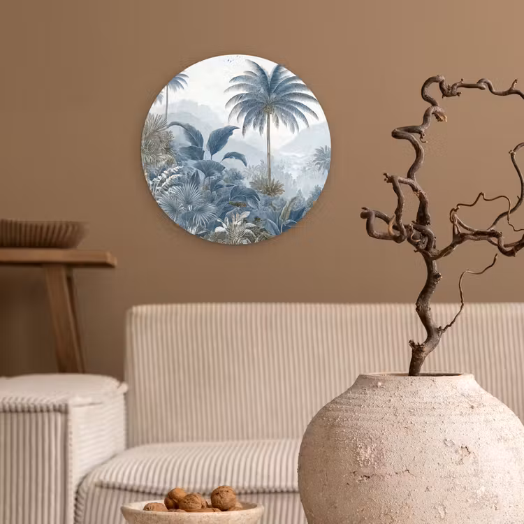 Jungle - Modern - Blauw - Groen Wandcirkel kunststof plaat 5mm dik klein -sfeer1