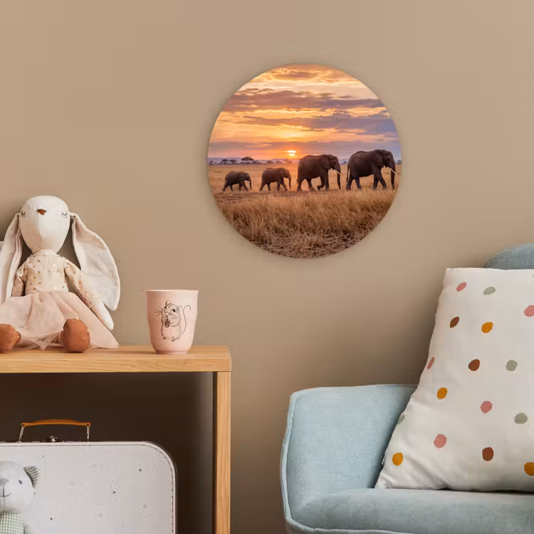 Olifanten - Savanne - Zonsondergang - Afrika - Warm Wandcirkel kunststof plaat 5mm dik klein -tsfeer1_kind