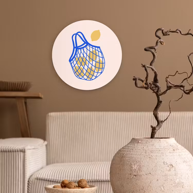 Eten - Citroen - Boodschappen - Abstract - Geel - Blauw Wandcirkel kunststof plaat 5mm dik klein -sfeer1