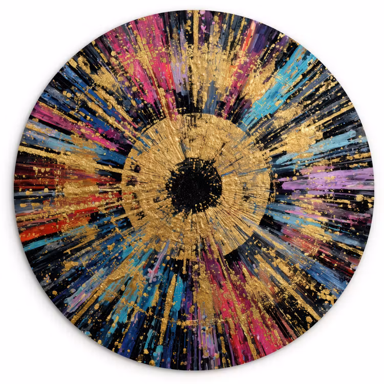 Explosie - Goud - Kleurrijk - Abstract Wandcirkel kunststof plaat 5mm dik klein -3d