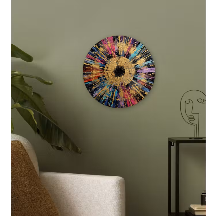 Explosie - Goud - Kleurrijk - Abstract Wandcirkel kunststof plaat 5mm dik klein -sfeer3