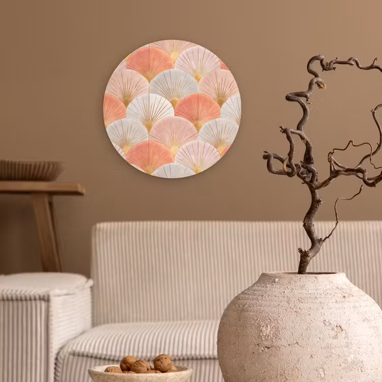 Waaiers - Goud - Roze Wandcirkel kunststof plaat 5mm dik klein 188 -sfeer1