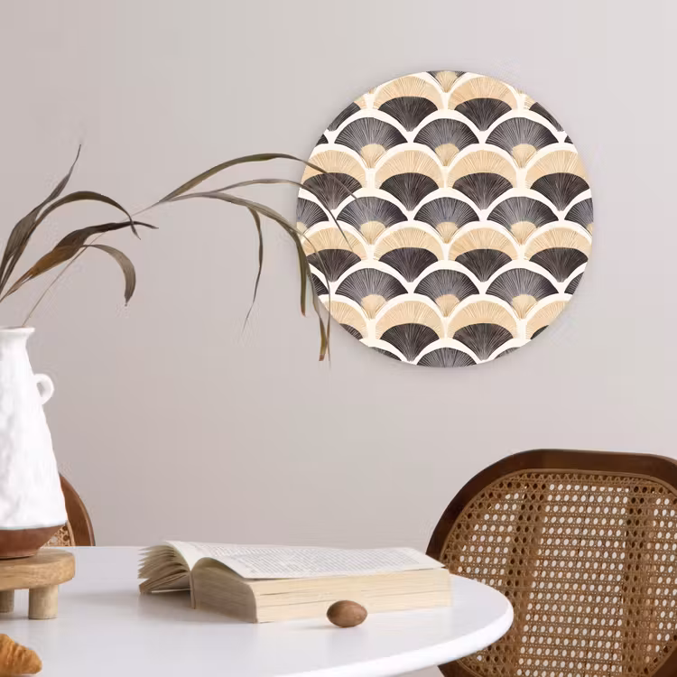 Waaier - Patroon - Zwart - Beige Wandcirkel kunststof plaat 5mm dik klein 188 -sfeer4
