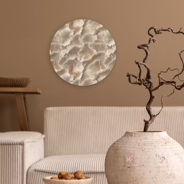 Waaierstructuren - Beige - Vezeltextuur Wandcirkel kunststof plaat 5mm dik klein 188 -sfeer1