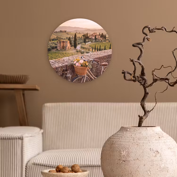 Fiets - Bloemen - Toscane - Landschap - Roze Wandcirkel kunststof plaat 5mm dik klein -sfeer1
