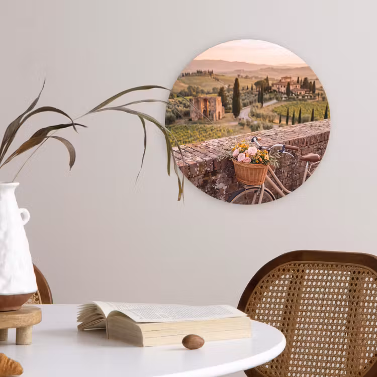 Fiets - Bloemen - Toscane - Landschap - Roze Wandcirkel kunststof plaat 5mm dik klein -sfeer4
