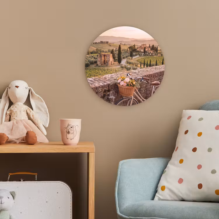 Fiets - Bloemen - Toscane - Landschap - Roze Wandcirkel kunststof plaat 5mm dik klein -tsfeer1_kind