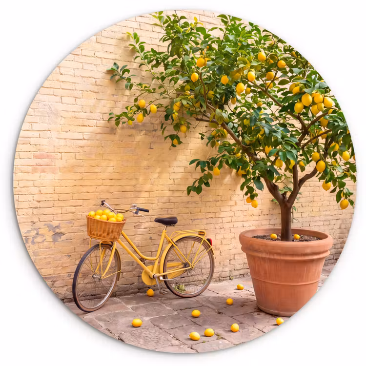 Fiets - Mand - Eten - Geel - Zomer Wandcirkel kunststof plaat 5mm dik klein -3d