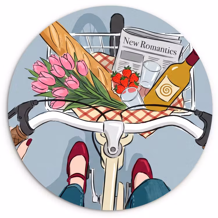 Fiets - Picknick - Zomer - Illustratie Wandcirkel kunststof plaat 5mm dik klein -3d