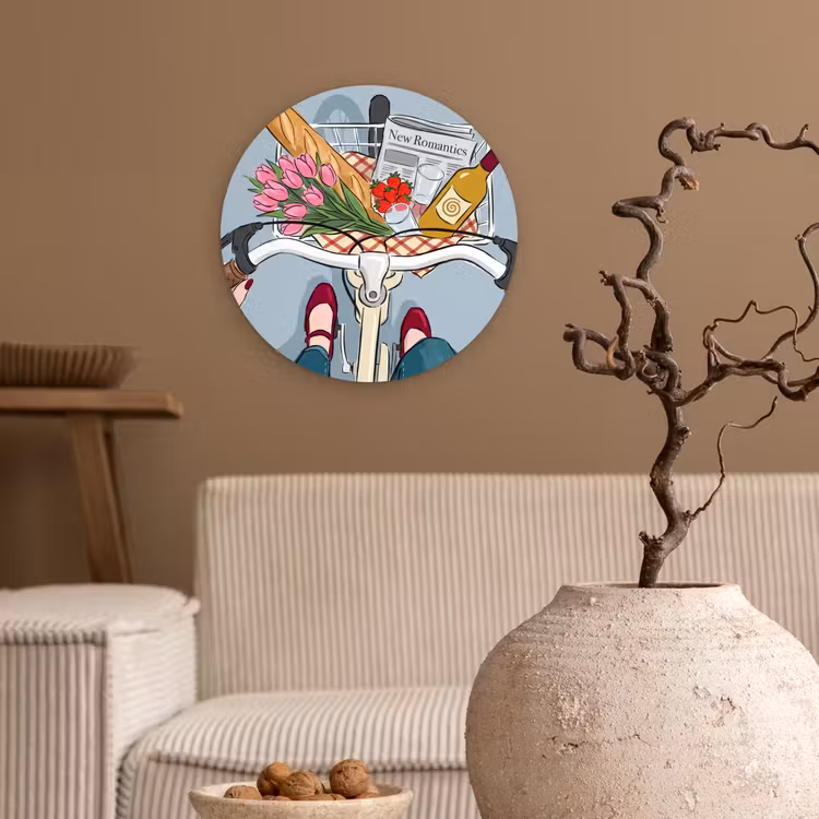 Fiets - Picknick - Zomer - Illustratie Wandcirkel kunststof plaat 5mm dik klein -sfeer1