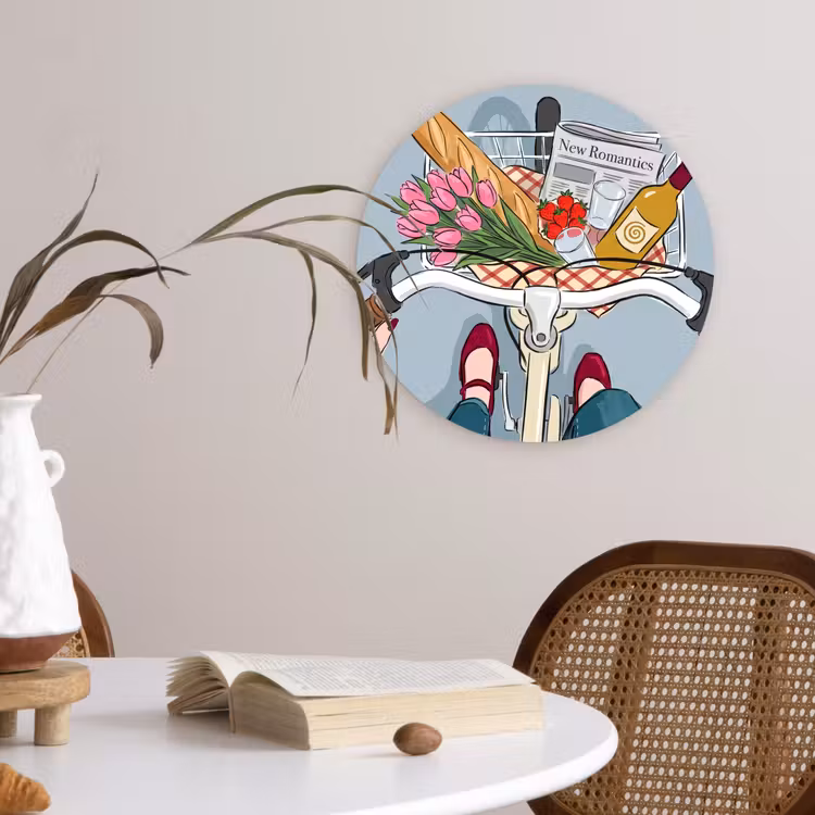 Fiets - Picknick - Zomer - Illustratie Wandcirkel kunststof plaat 5mm dik klein -sfeer4