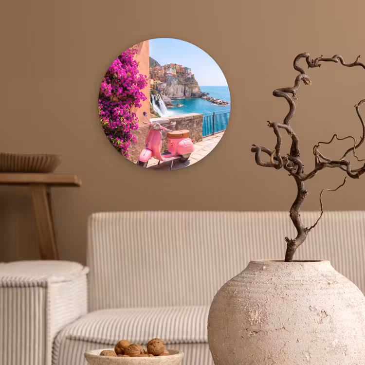 Voertuig - Roze - Kust - Zomer - Reizen Wandcirkel kunststof plaat 5mm dik klein -sfeer1