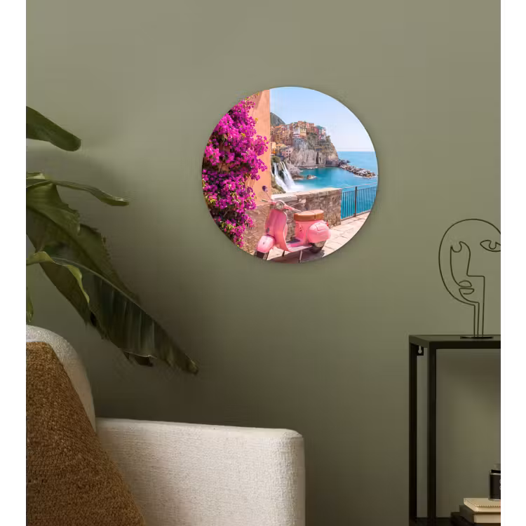 Voertuig - Roze - Kust - Zomer - Reizen Wandcirkel kunststof plaat 5mm dik klein -sfeer3