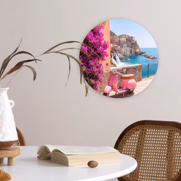 Voertuig - Roze - Kust - Zomer - Reizen Wandcirkel kunststof plaat 5mm dik klein -sfeer4