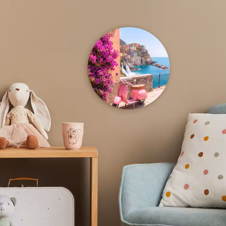 Voertuig - Roze - Kust - Zomer - Reizen Wandcirkel kunststof plaat 5mm dik klein -tsfeer1_kind