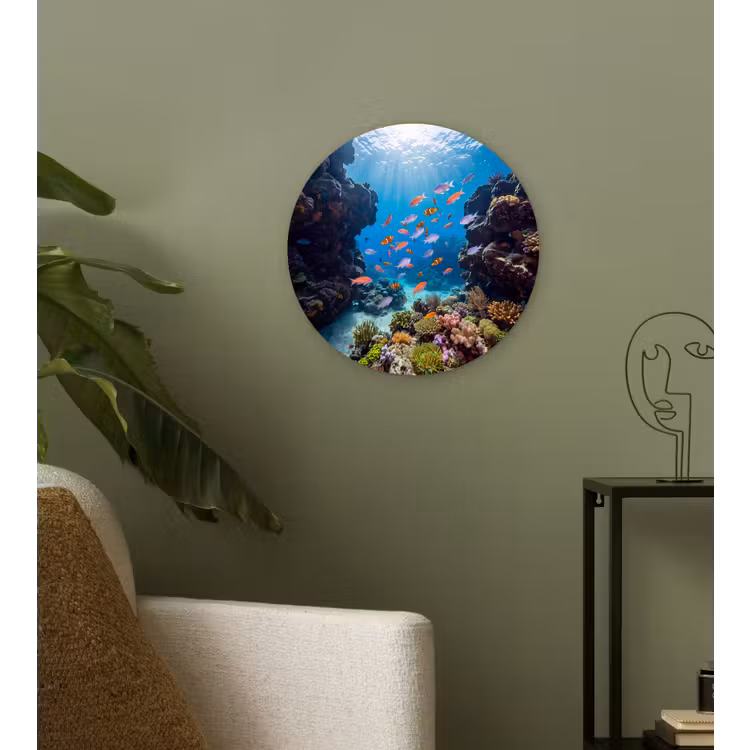 Vis - Koraalrif - Onderwater - Levendig - Blauw Wandcirkel kunststof plaat 5mm dik klein -sfeer3