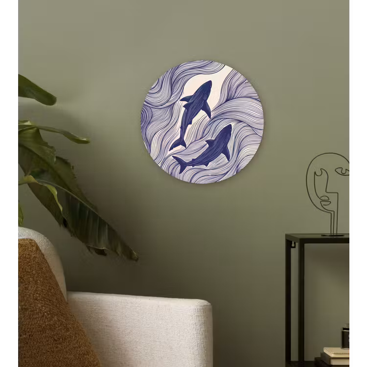 Vis - Oceaan - Lijntekening - Blauw - Dieren Wandcirkel kunststof plaat 5mm dik klein -sfeer3