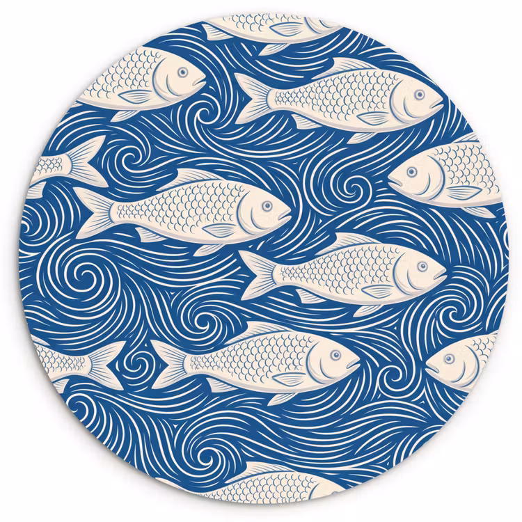 Vis - Water - Patroon - Grafisch - Blauw Wandcirkel kunststof plaat 5mm dik klein -3d