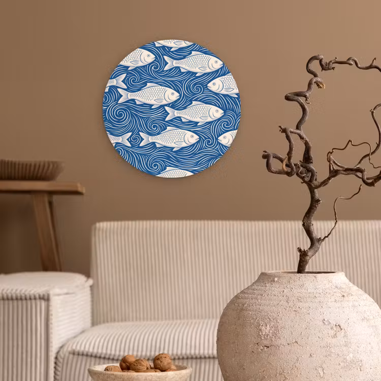 Vis - Water - Patroon - Grafisch - Blauw Wandcirkel kunststof plaat 5mm dik klein -sfeer1