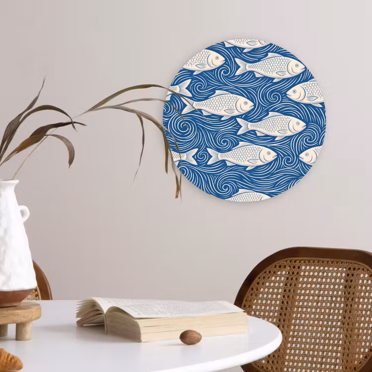 Vis - Water - Patroon - Grafisch - Blauw Wandcirkel kunststof plaat 5mm dik klein -sfeer4