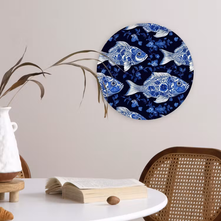 Vissen - Bloemen - Blauw Wandcirkel kunststof plaat 5mm dik klein 188 -sfeer4
