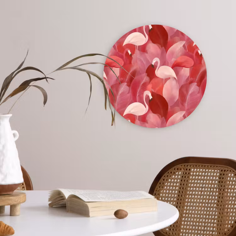 Flamingo - Botanisch - Elegant - Roze - Rood Wandcirkel kunststof plaat 5mm dik klein 188 -sfeer4
