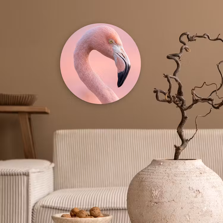 Flamingo - Portret - Roze Wandcirkel kunststof plaat 5mm dik klein -sfeer1