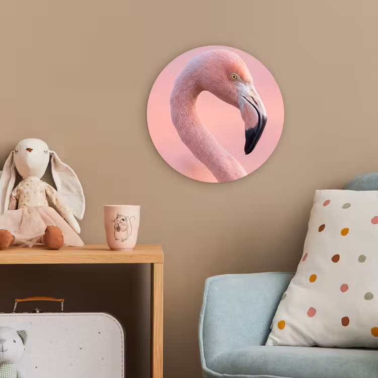 Flamingo - Portret - Roze Wandcirkel kunststof plaat 5mm dik klein -tsfeer1_kind