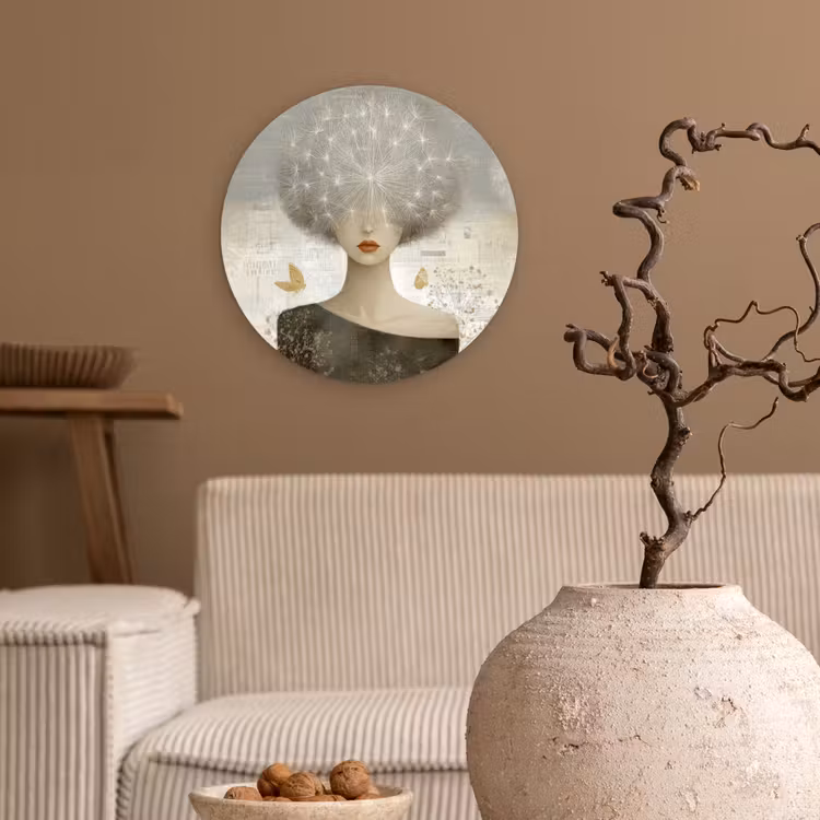 Pluis - Vrouw - Beige Wandcirkel kunststof plaat 5mm dik klein -sfeer1