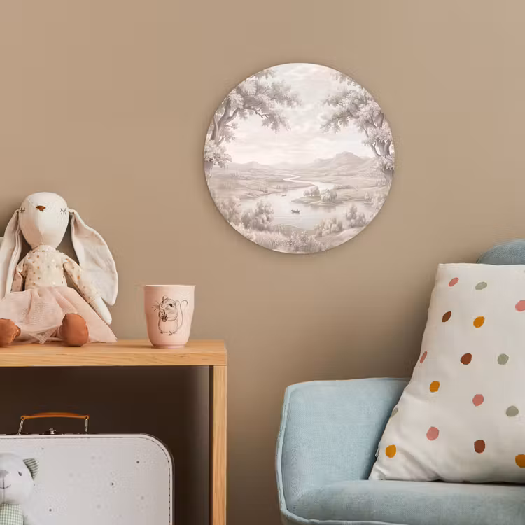 Rivierlandschap - Bergen - Natuur - Vintage - Beige Wandcirkel kunststof plaat 5mm dik klein -tsfeer1_kind