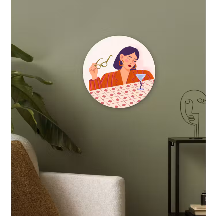 Vrouw - Bril - Cocktail - Illustratie - Modern Wandcirkel kunststof plaat 5mm dik klein -sfeer3