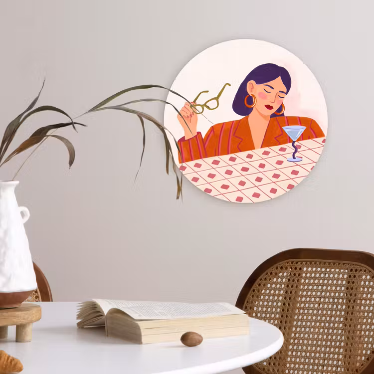 Vrouw - Bril - Cocktail - Illustratie - Modern Wandcirkel kunststof plaat 5mm dik klein -sfeer4