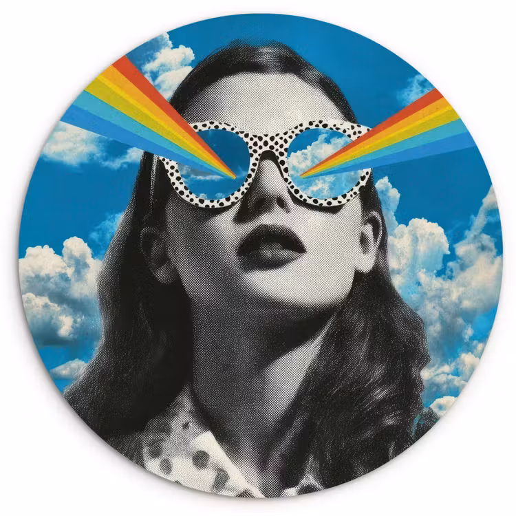 Vrouw - Bril - Regenboog - Wolken Wandcirkel kunststof plaat 5mm dik klein -3d