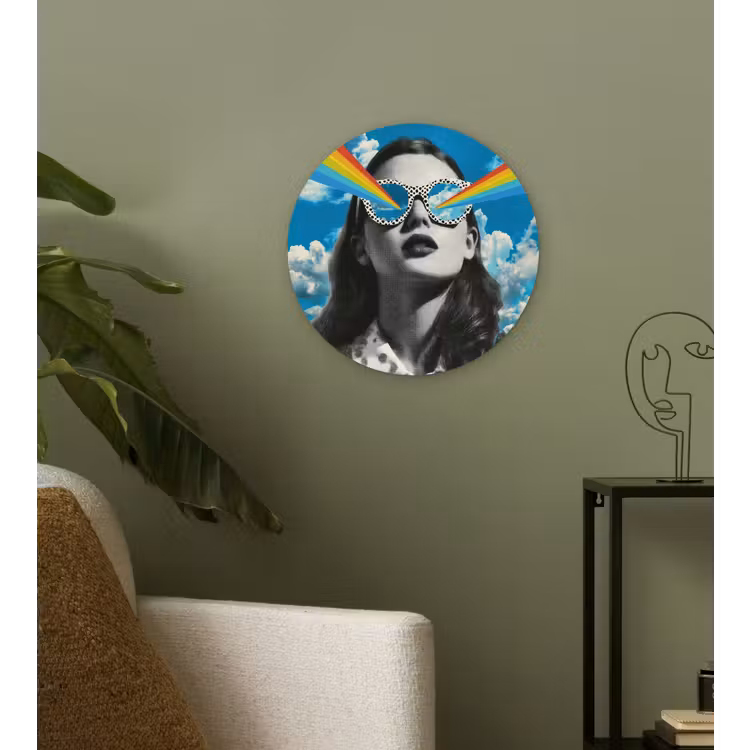 Vrouw - Bril - Regenboog - Wolken Wandcirkel kunststof plaat 5mm dik klein -sfeer3