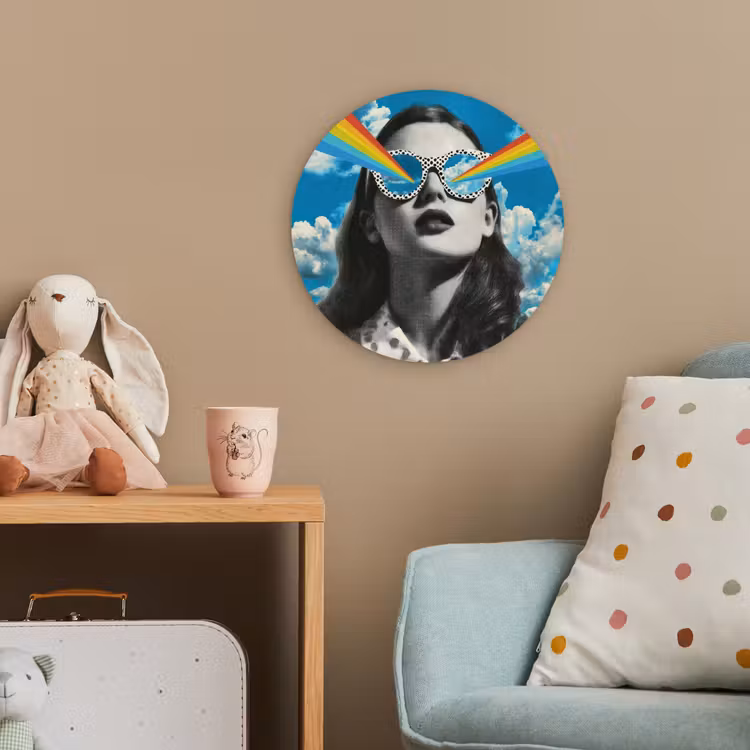 Vrouw - Bril - Regenboog - Wolken Wandcirkel kunststof plaat 5mm dik klein -tsfeer1_kind