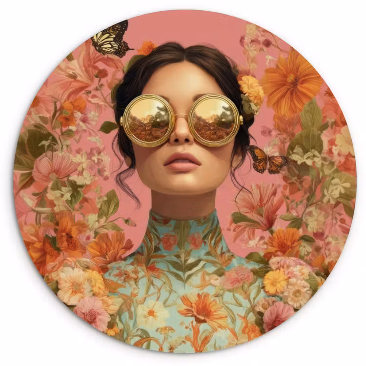 Vrouw - Bril - Roze - Bloemen Wandcirkel kunststof plaat 5mm dik klein -3d