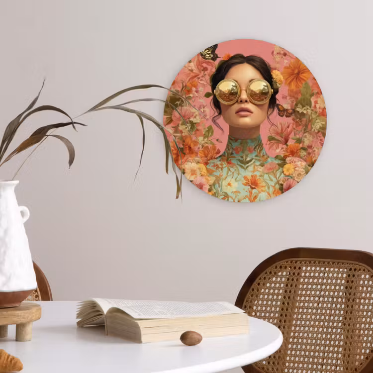 Vrouw - Bril - Roze - Bloemen Wandcirkel kunststof plaat 5mm dik klein -sfeer4