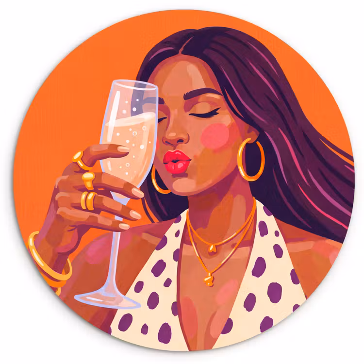 Vrouw - Champagne - Feest - Modern - Oranje Wandcirkel kunststof plaat 5mm dik klein -3d