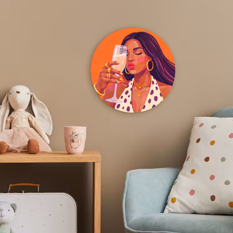 Vrouw - Champagne - Feest - Modern - Oranje Wandcirkel kunststof plaat 5mm dik klein -tsfeer1_kind