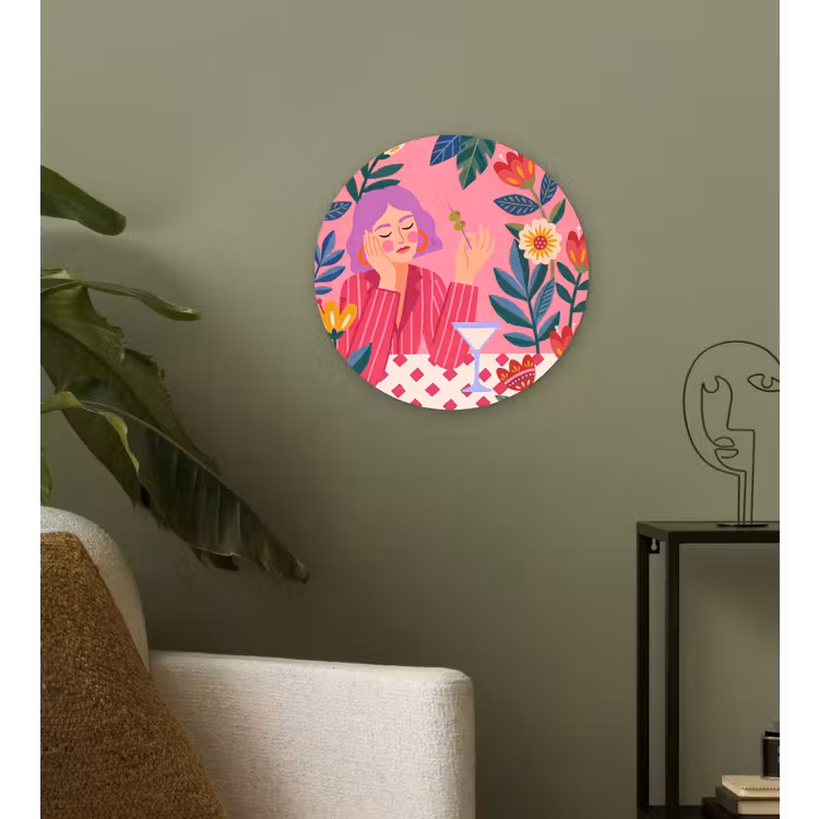 Vrouw - Cocktail - Bloemen - Modern - Roze Wandcirkel kunststof plaat 5mm dik klein -sfeer3