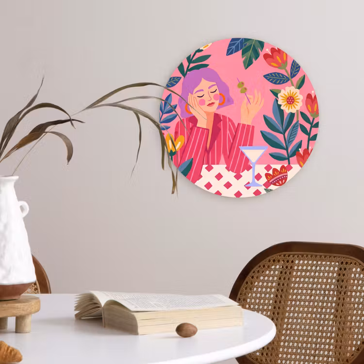Vrouw - Cocktail - Bloemen - Modern - Roze Wandcirkel kunststof plaat 5mm dik klein -sfeer4