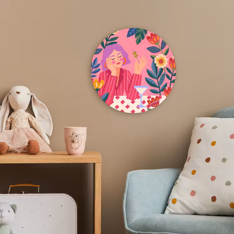 Vrouw - Cocktail - Bloemen - Modern - Roze Wandcirkel kunststof plaat 5mm dik klein -tsfeer1_kind