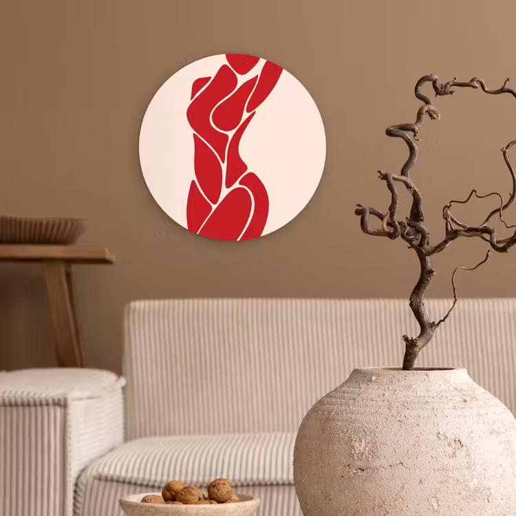 Vrouw - Figuur - Abstract - Modern - Rood Wandcirkel kunststof plaat 5mm dik klein -sfeer1